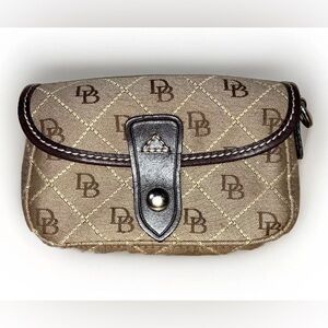 Dooney and Bourke Tan Brown Signature Monogram Canvas Snap Small Wristlet Pouch